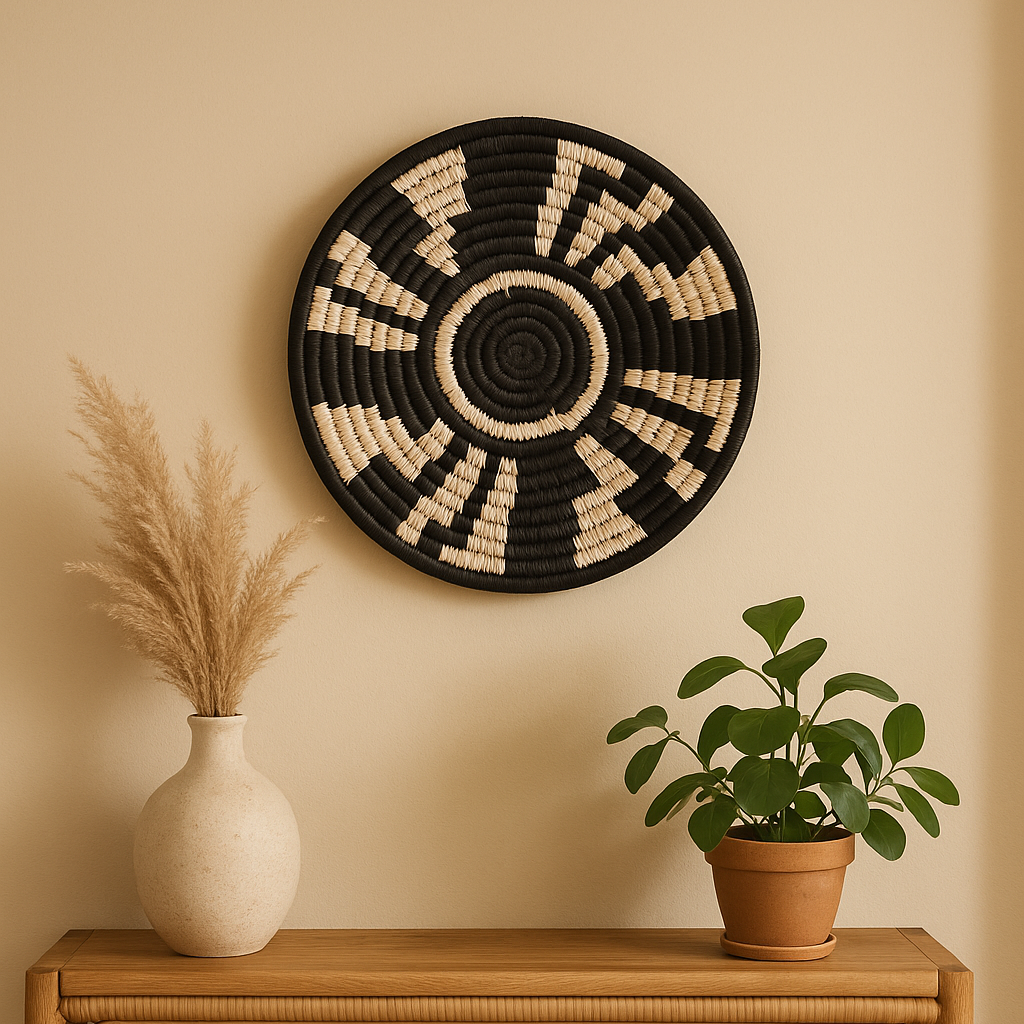 Black and white sabai grass wall plate front view of the round shape