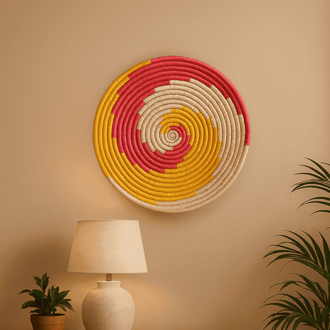 Spiral sabai grass wall plate in a styled boho corner
