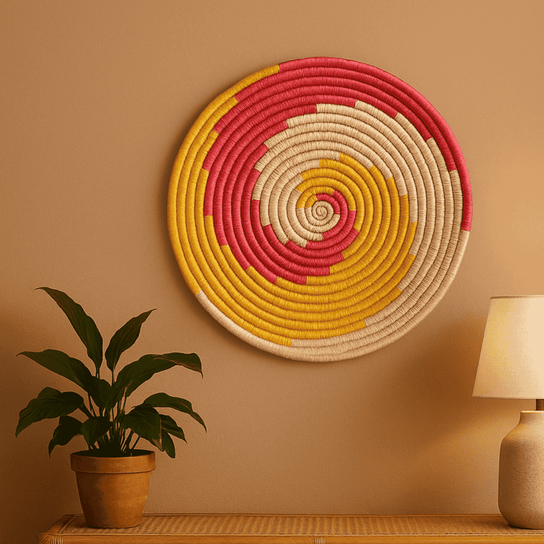 Spiral sabai grass wall plate close-up of grass weave