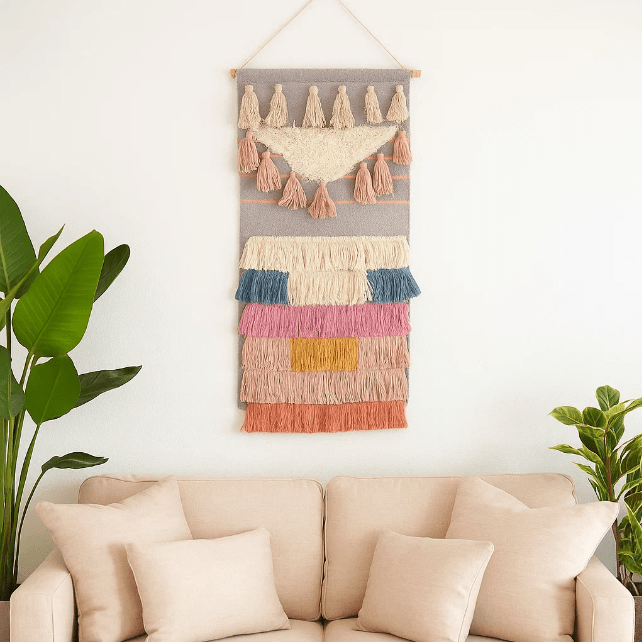 Pastel wool and cotton wall hanging in a colourful boho space