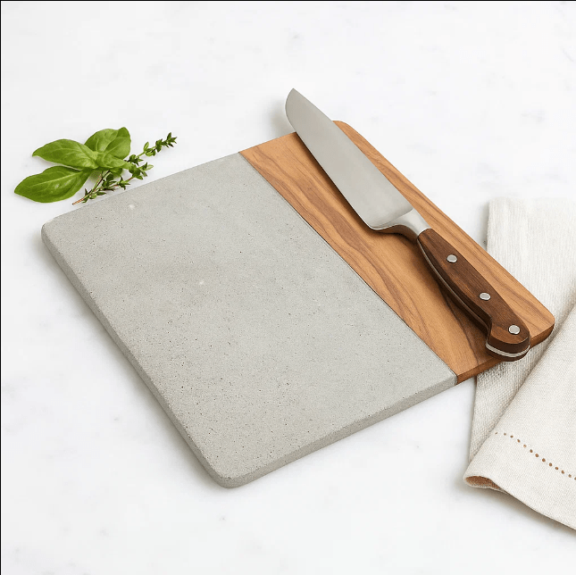 Concrete cheese board with cheese