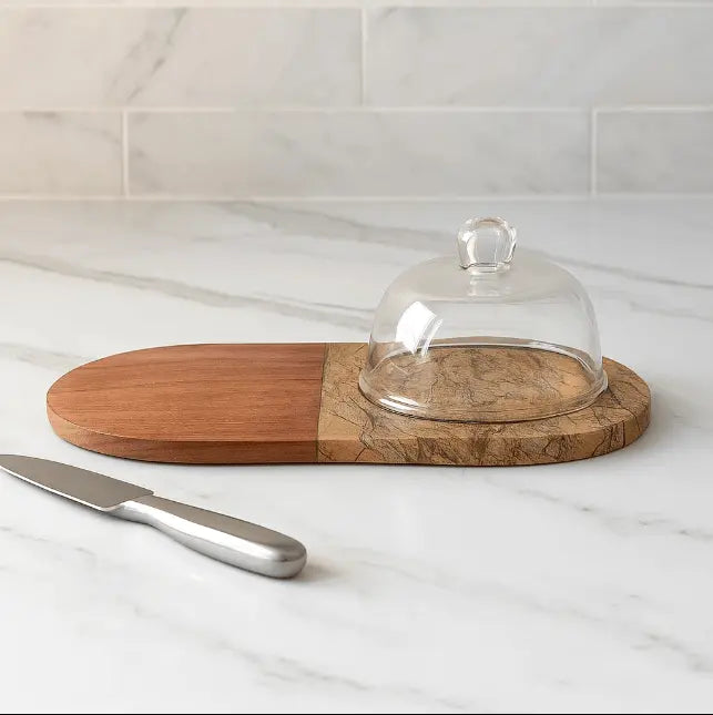 Marble wood capsule cake platter and dome product photo