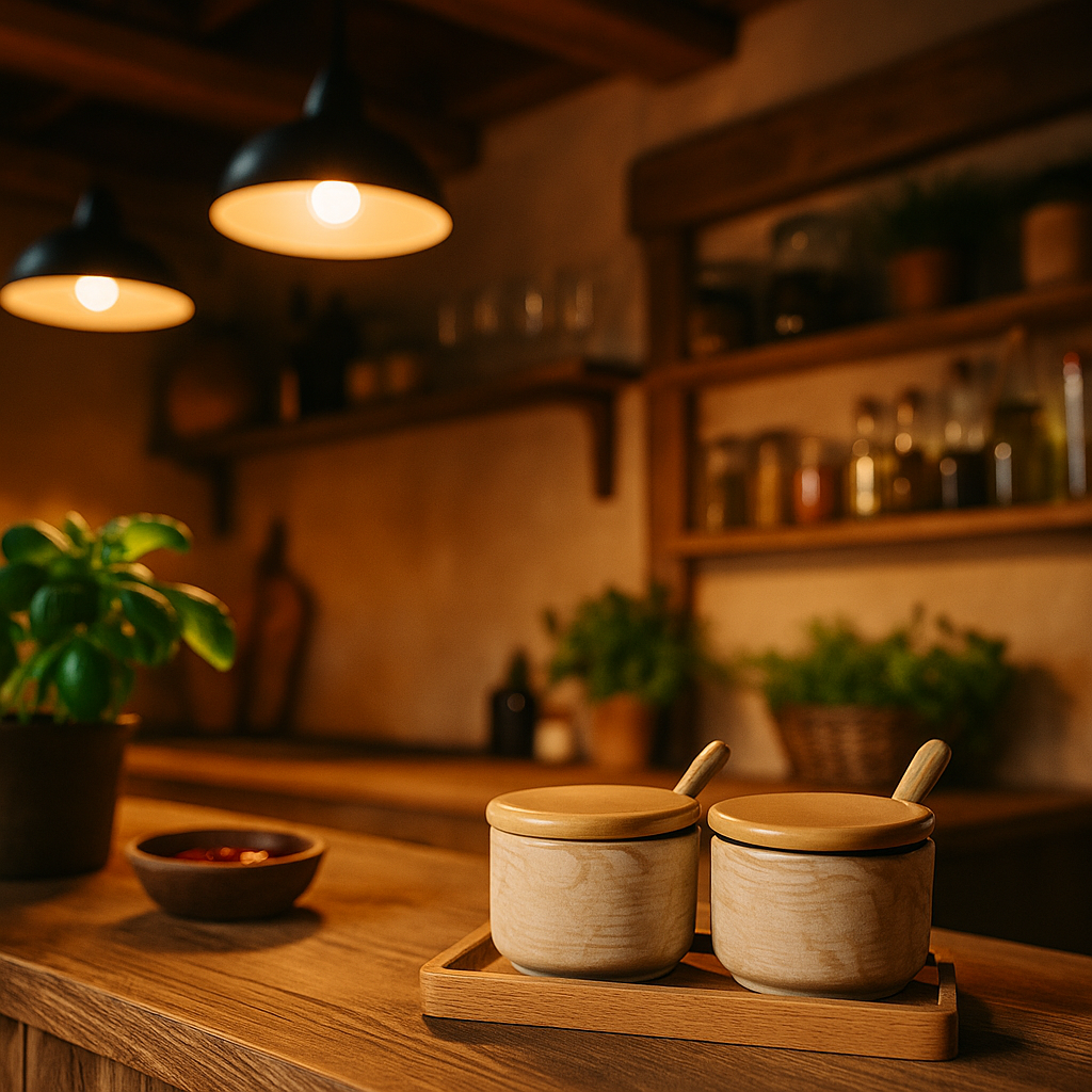 Condiment bowls set wooden spoon detail