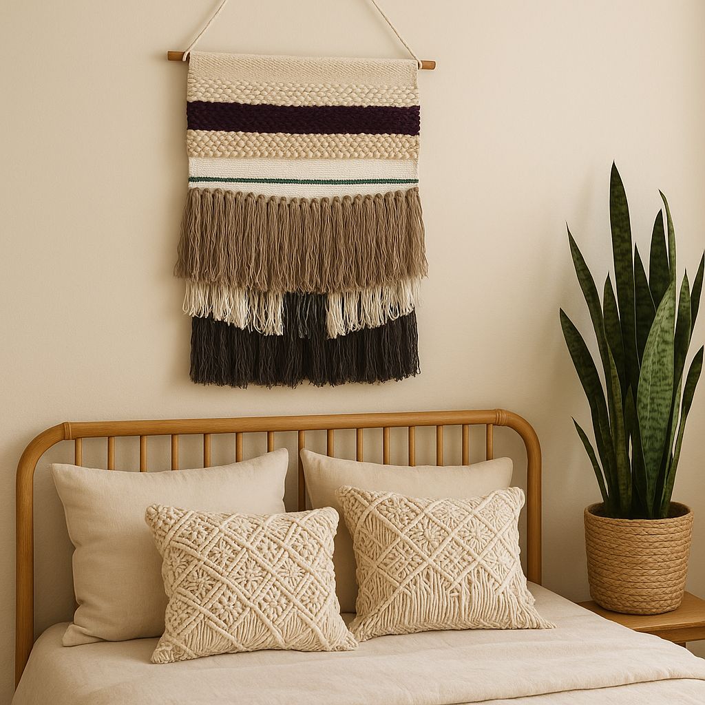 Striped wool and cotton wall hanging detail of tasseled lower edge