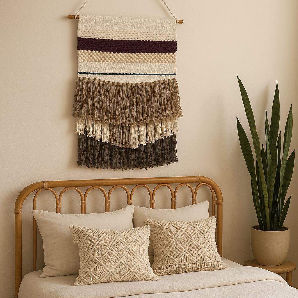 Striped wool and cotton wall hanging shown at an angle for depth
