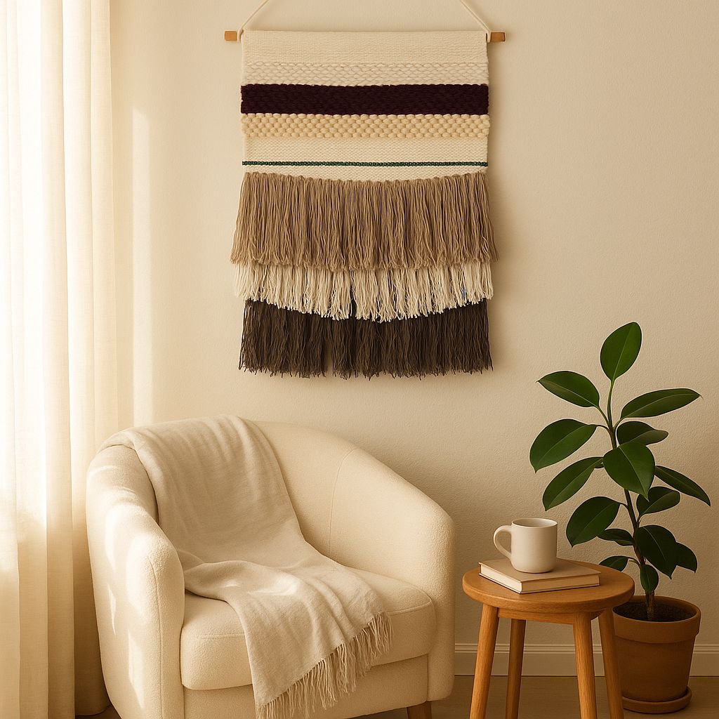 Striped wool and cotton wall hanging on a painted plaster wall
