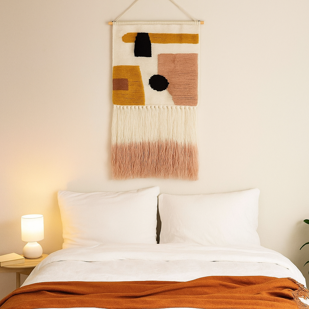 Ombre tassel wool wall hanging styled in a living room