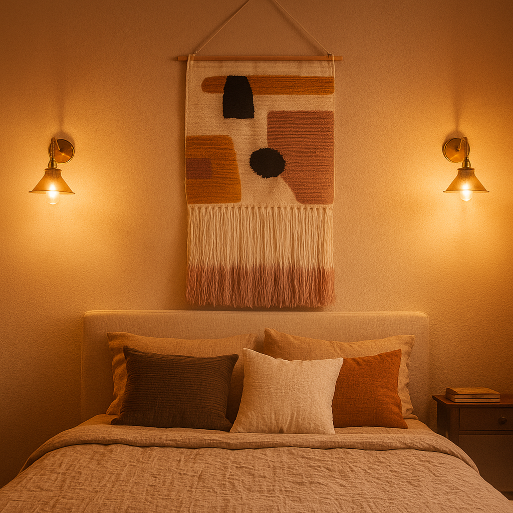 Ombre tassel wool wall hanging shown at an angle