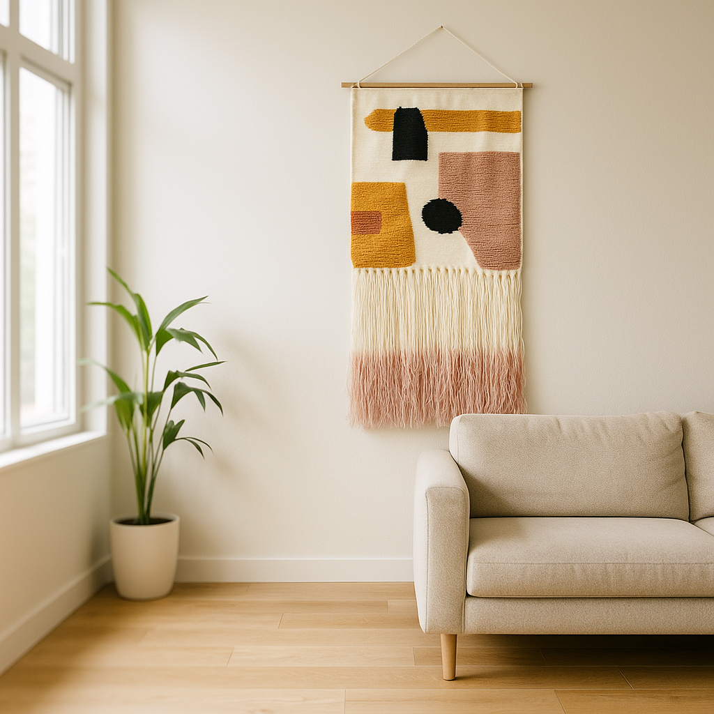 Ombre tassel wool wall hanging close-up of abstract shapes