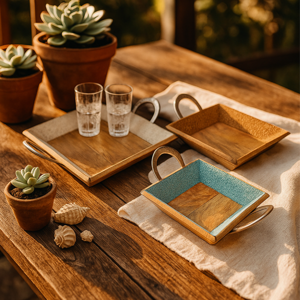 Nesting Trays | Sea Bead Encrusted Coastal Mango Wood Set of 3