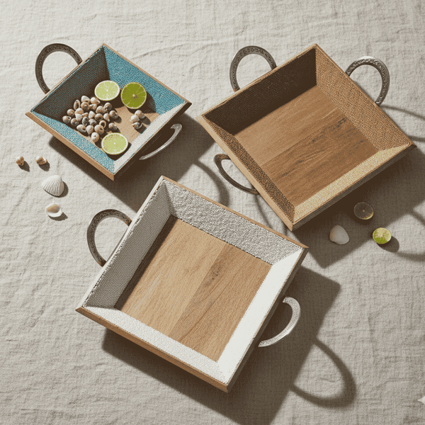 Nesting Trays | Sea Bead Encrusted Coastal Mango Wood Set of 3