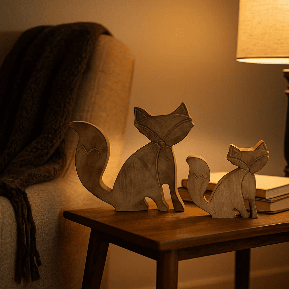 Wooden fox figurines close-up of fox shape