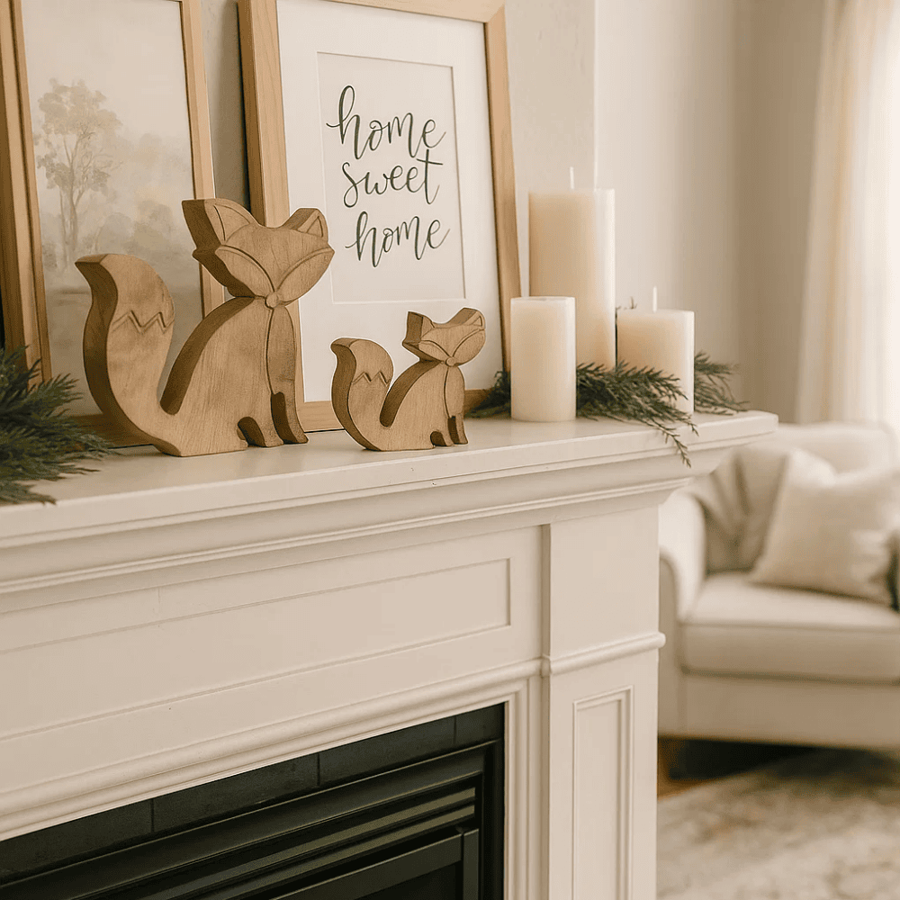 Wooden fox figurines wood grain detail