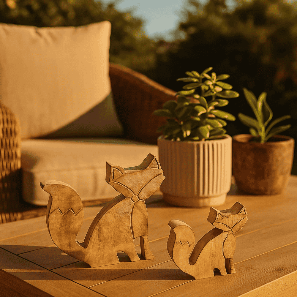 Wooden fox figurines on a shelf