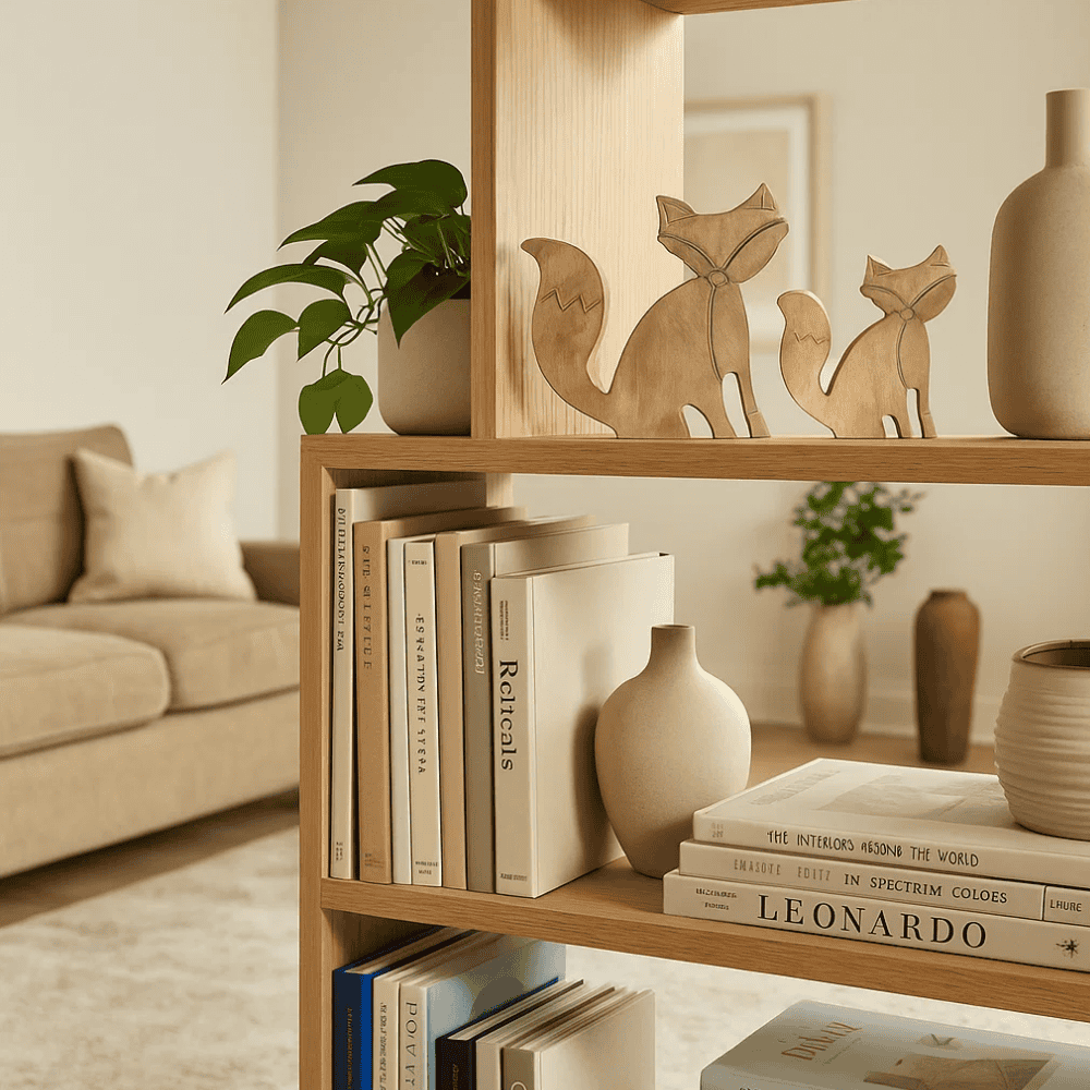 Wooden fox figurines at an angle