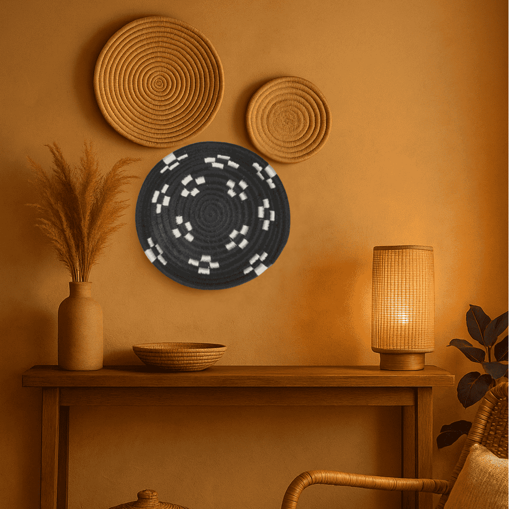 Black sabai grass wall plate shown at an angle