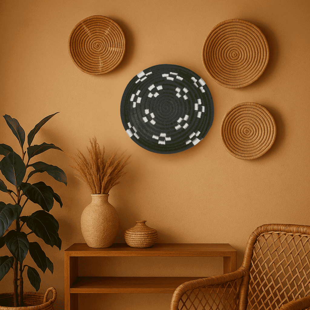 Black sabai grass wall plate on a pale wall