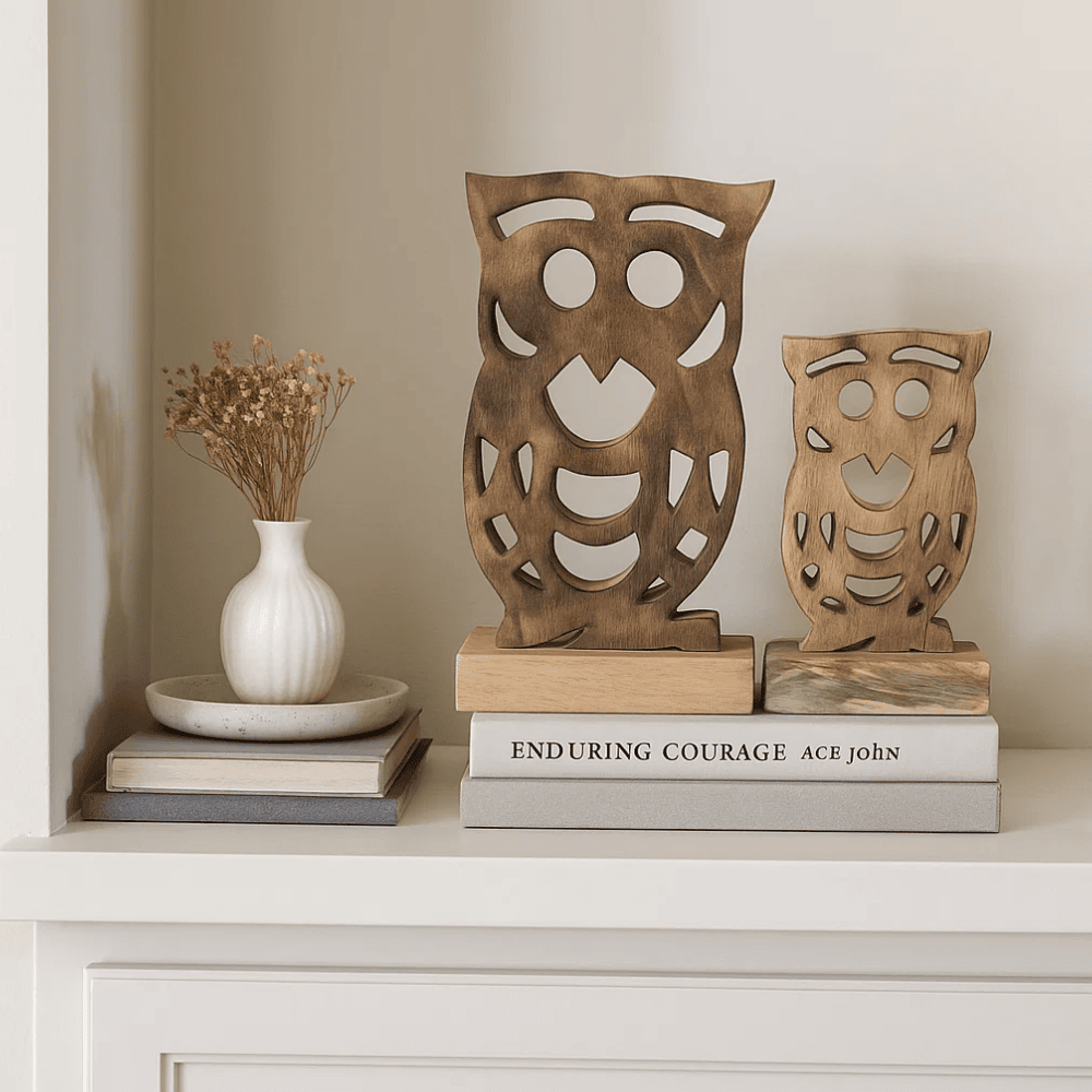 Rustic owl decor on a shelf