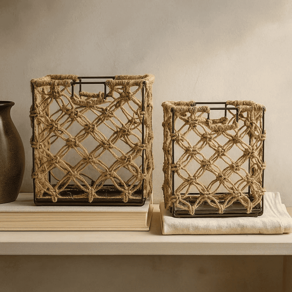 Jute iron baskets close-up of knots