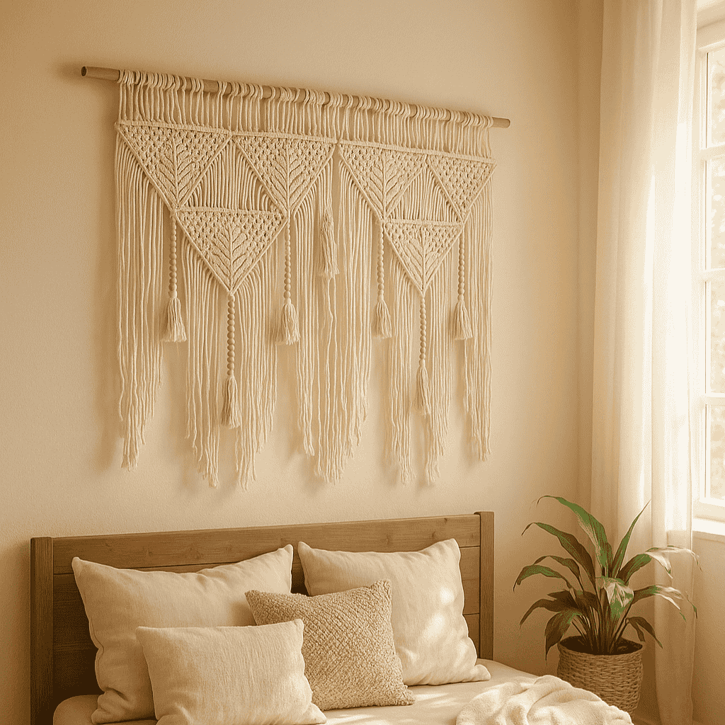 Large macrame leaf wall hanging shown at an angle