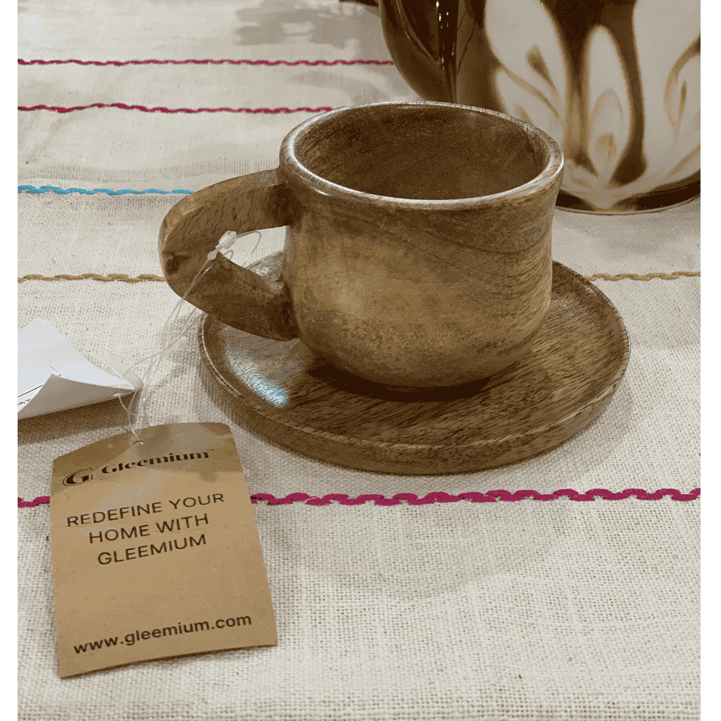 Wooden cup and saucer lifestyle shot