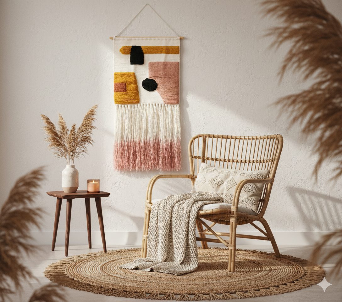 Ombre tassel wool wall hanging in a styled Australian boho room