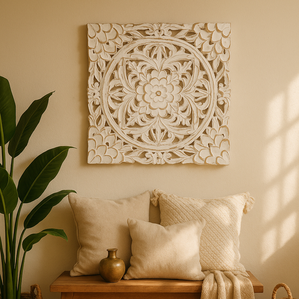 Floral Medallion Wall Plaque | White Carved MDF Boho Decor
