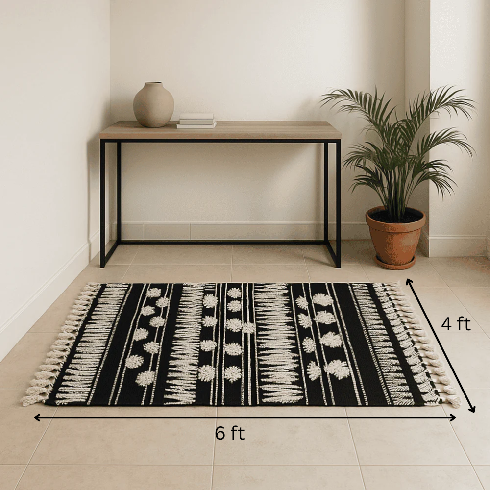 Angled view of the textured geometric rug