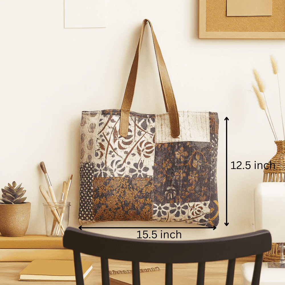 Kantha patchwork tote bag leather handle detail