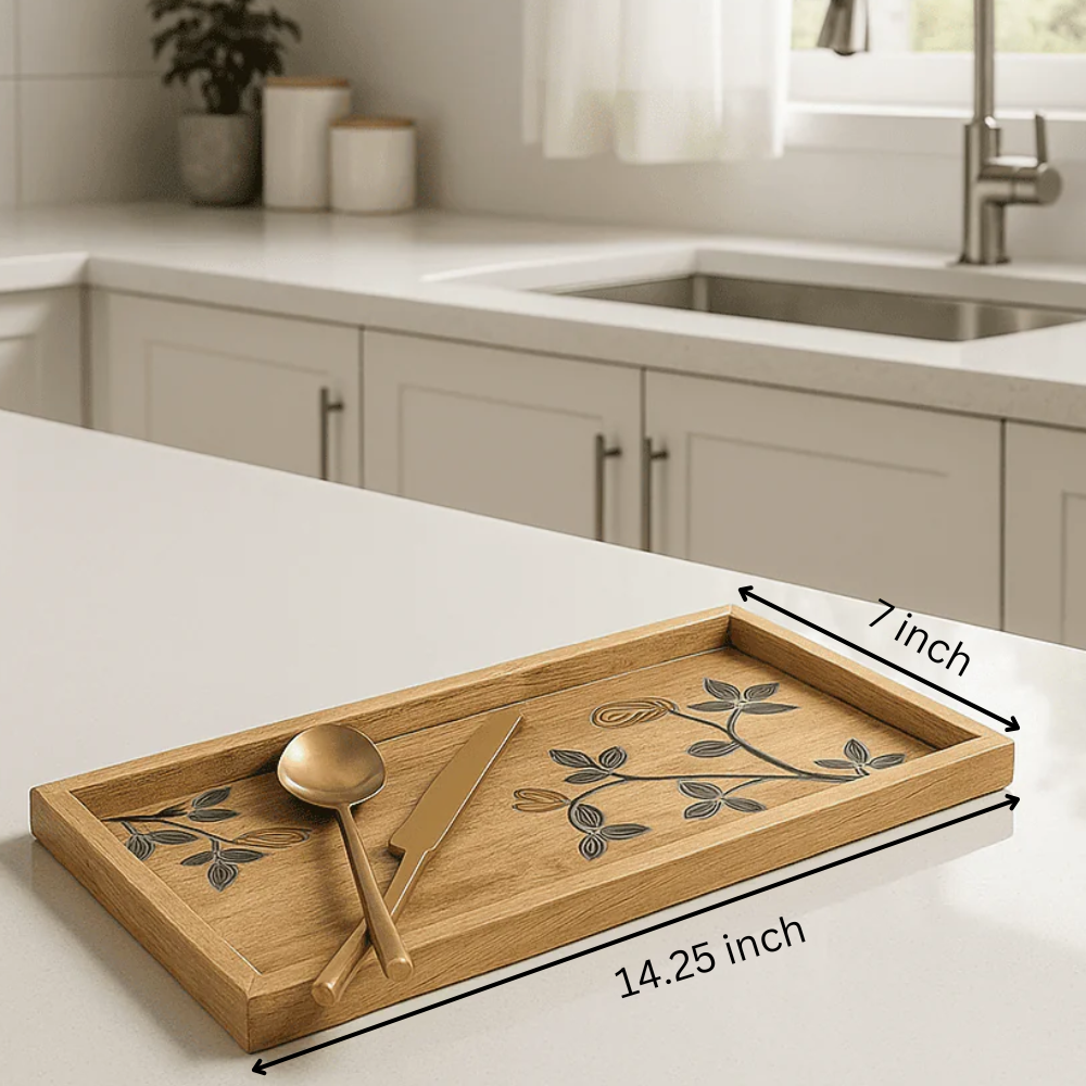 Botanical mango wood tray at an angle