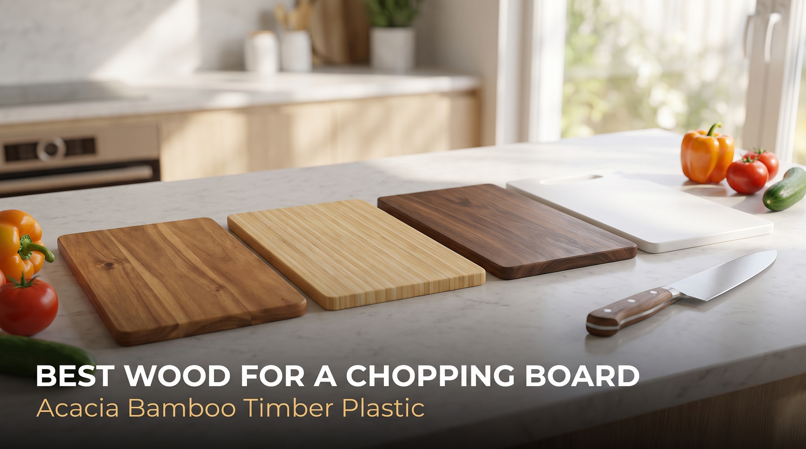 Acacia, bamboo, walnut and plastic chopping boards side by side on a kitchen benchtop