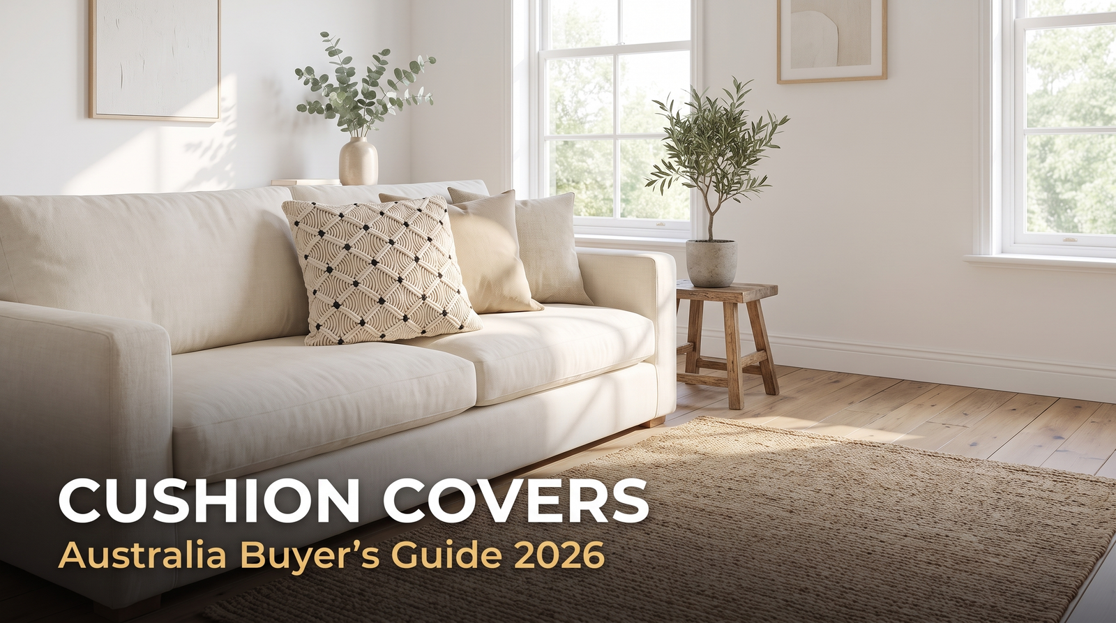 Cushion covers styled on a cream linen sofa in an Australian living room - buyer's guide 2026