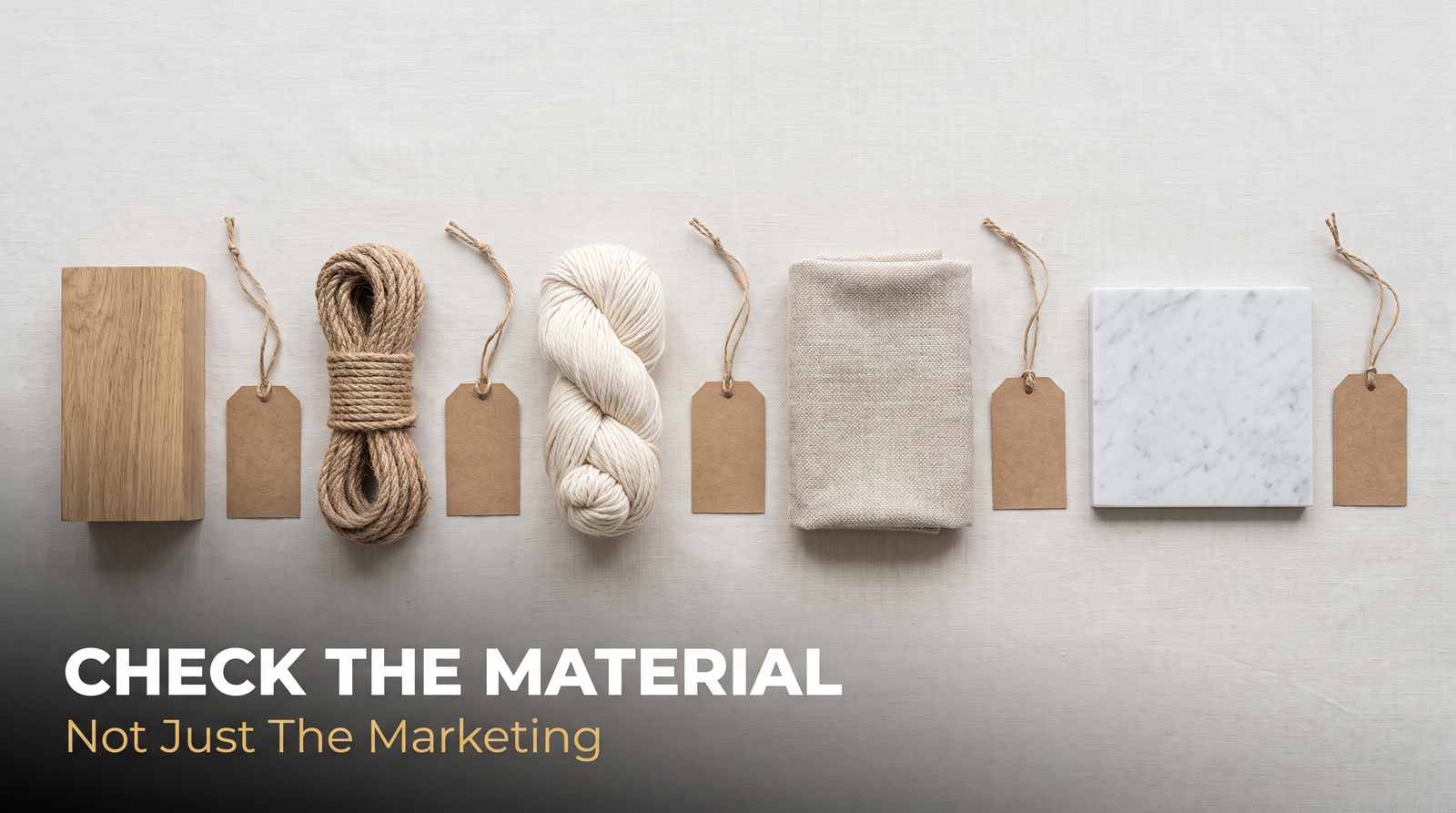 Samples of timber, jute, cotton, wool and marble laid out with blank kraft tags