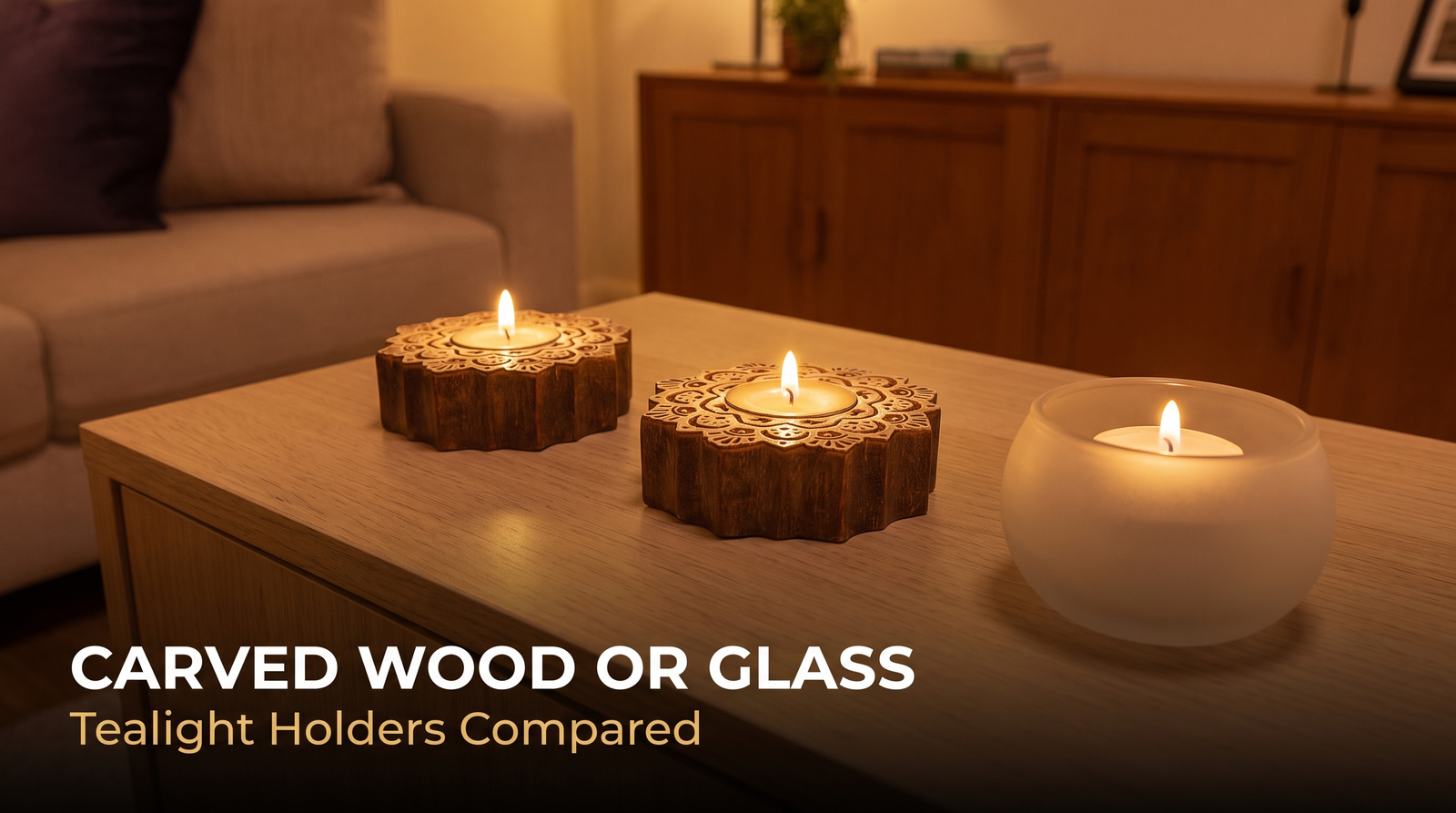 Pair of lit hand-carved wooden mandala tealight holders beside a plain frosted glass tealight holder at dusk