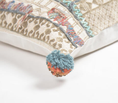 Block Printed &amp; Embroidered Cotton Lumbar Cushion Cover with Pom-Poms