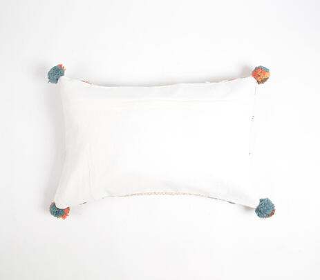 Block Printed &amp; Embroidered Cotton Lumbar Cushion Cover with Pom-Poms