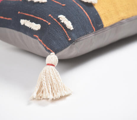 Grey Lumbar Cushion Cover – Abstract Embroidery &amp; Tasseled