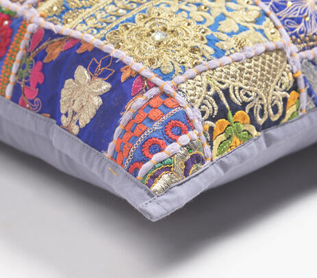Upcycled Cotton Cushion Cover – Hand-Embroidered Patchwork
