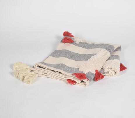 Striped &amp; Embroidered Cotton Throw