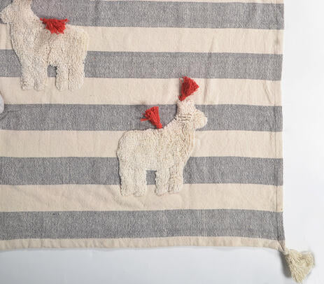 Striped & Embroidered Tasseled Ponies Cotton Throw