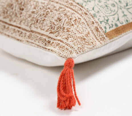 Block Printed Floral Tasseled Lumbar Cotton Cushion Cover