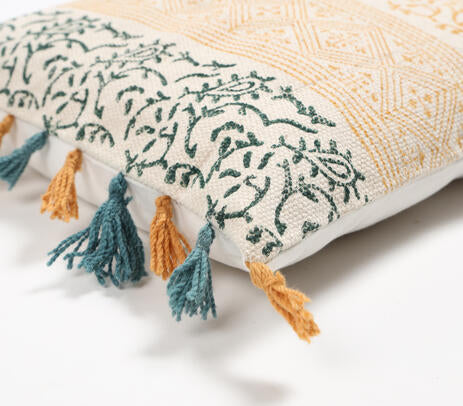 Block Printed Cotton Cushion Cover with Tassels