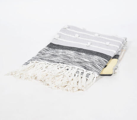 Statement Paneled Handloom Cotton &amp; Wool Throw with Tassels