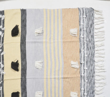 Statement Paneled Handloom Cotton &amp; Wool Throw with Tassels