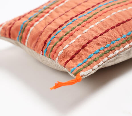 Striped &amp; Tasseled Slub Coral Lumbar Cover
