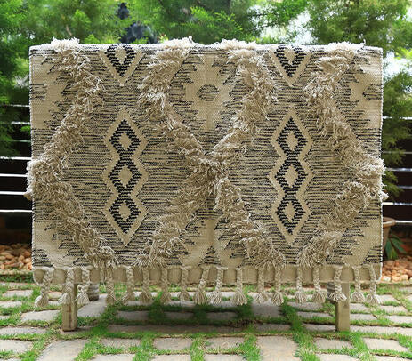 Fringed Diamond Pattern Rug with Braid Tassels – Handwoven Cotton Diamond Pattern Rug