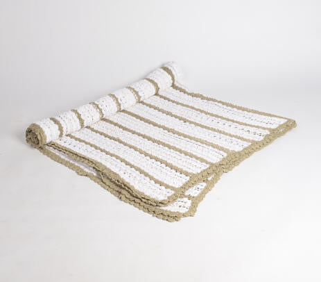 Striped Crochet Throw – Handmade White Cotton Comfort
