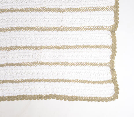Striped Crochet Throw – Handmade White Cotton Comfort
