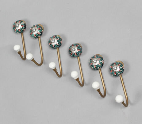 Ceramic Floral & Gold-Toned Iron Hooks (Set of 6)