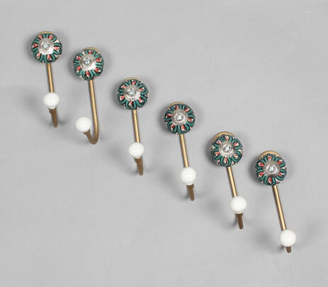 Ceramic Floral & Gold-Toned Iron Hooks (Set of 6)